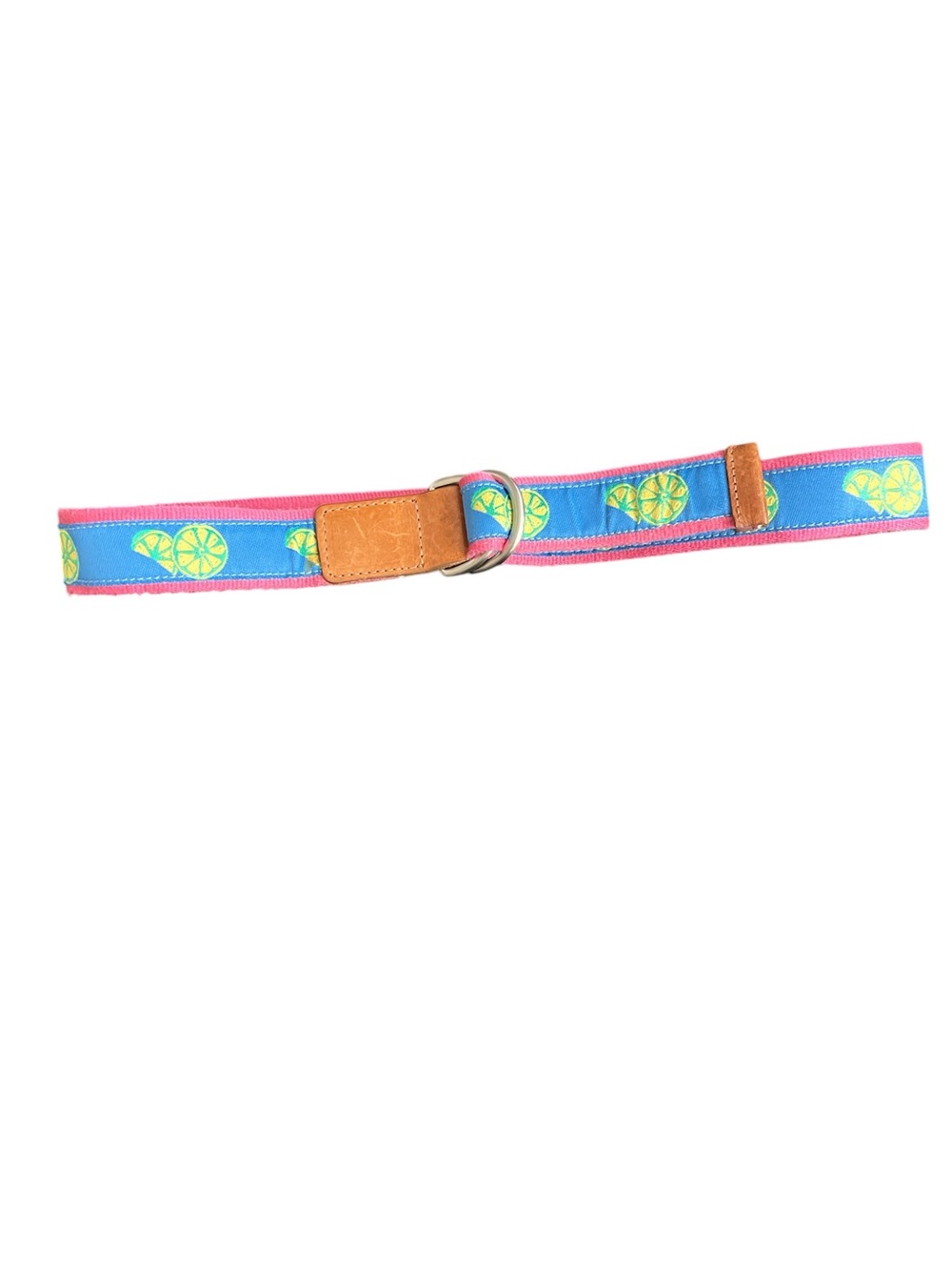 Talbots Preppy Vintage Blue & Pink Lemon Lime Print D-Ring Ribbon Belt USA XS